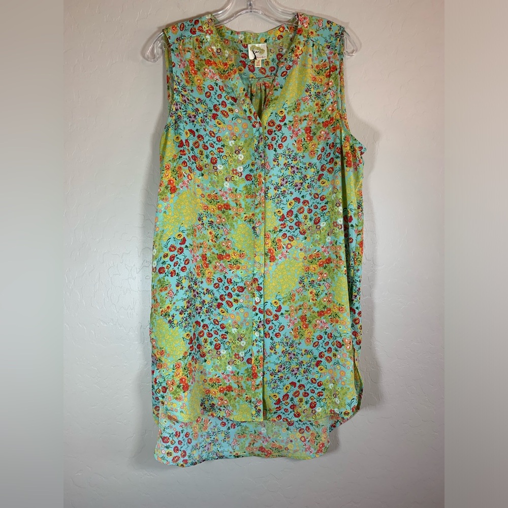 Anthropologie Floral Print Sleeveless Blouse in Aqua and Yellow